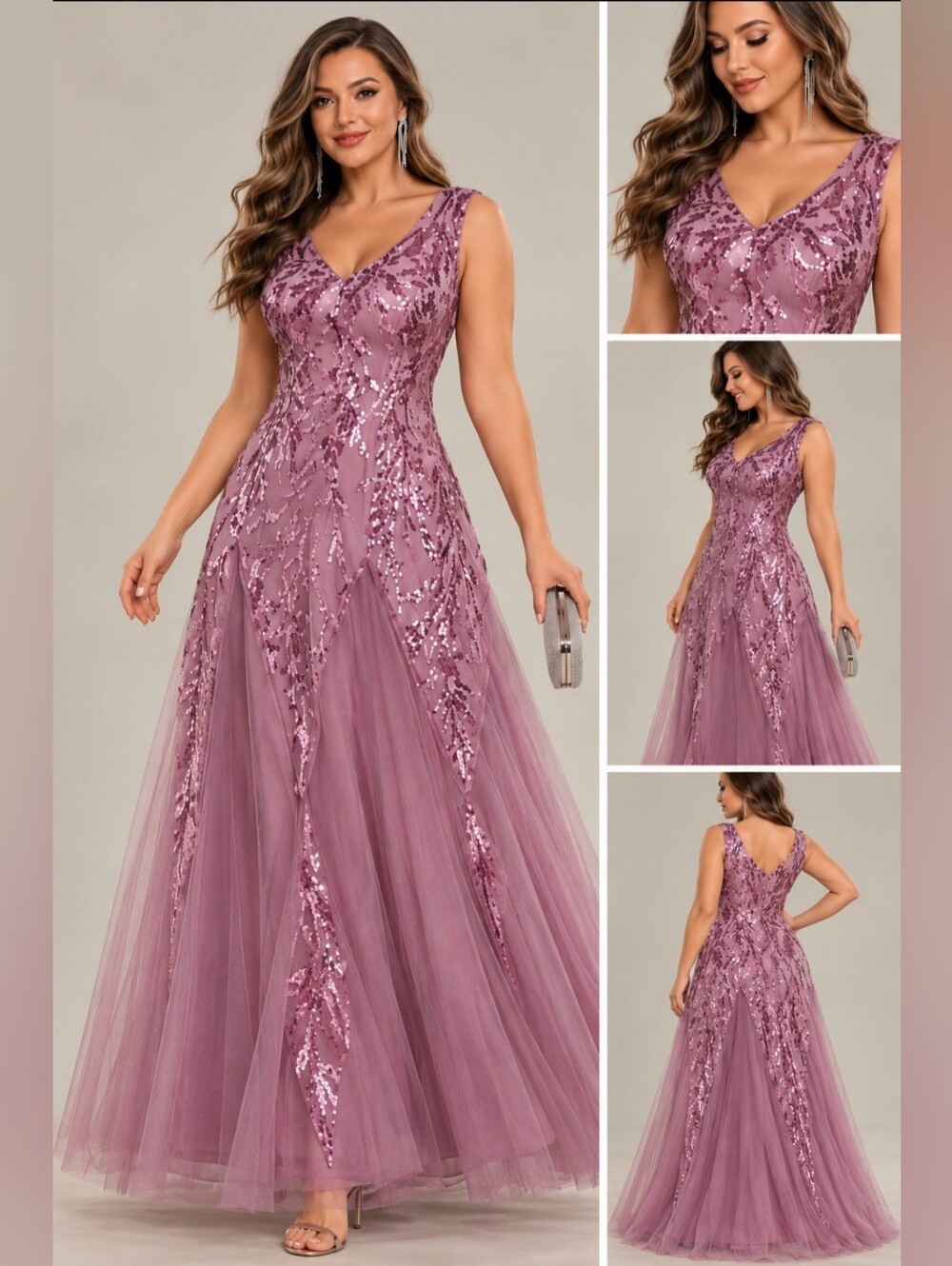 EVER PRETTY Bridesmaid Dress Sequin Tulle Gown Mauve Dusty Rose Wedding Guest 14